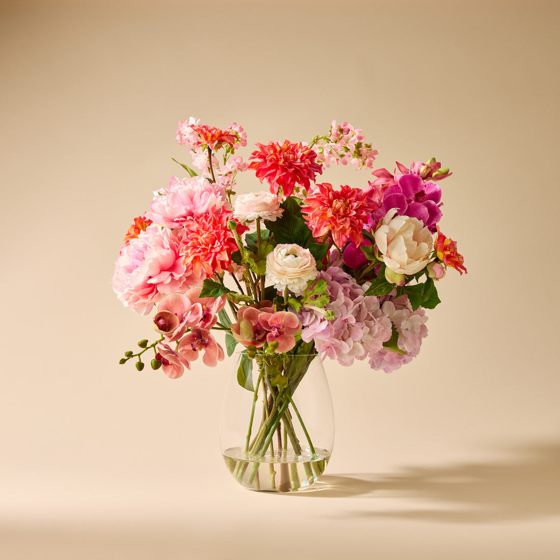 Faux Peony Cherry Blossom Arrangement - Glass Vase