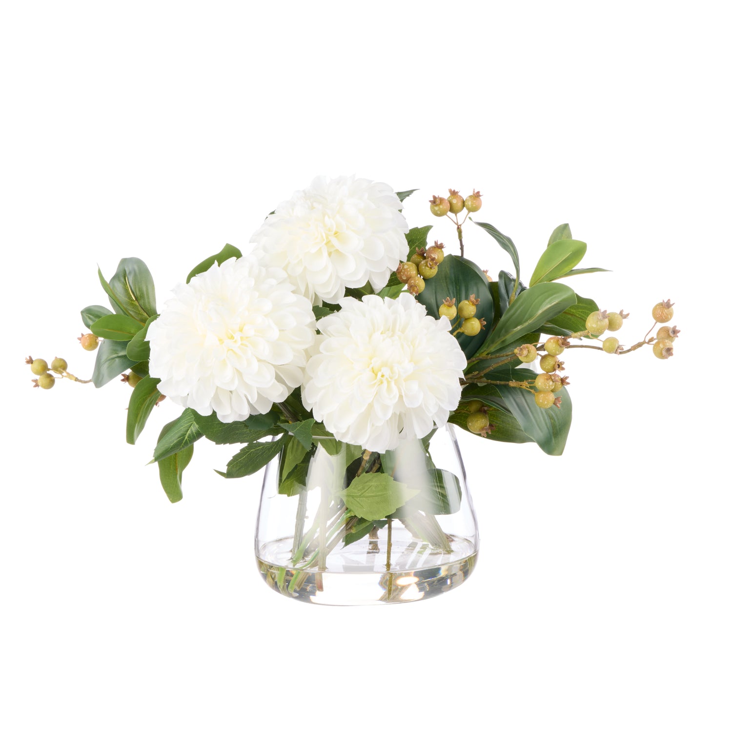 Faux Chrysanthemum Berry Arrangement - Classic Bowl | White - 56cm