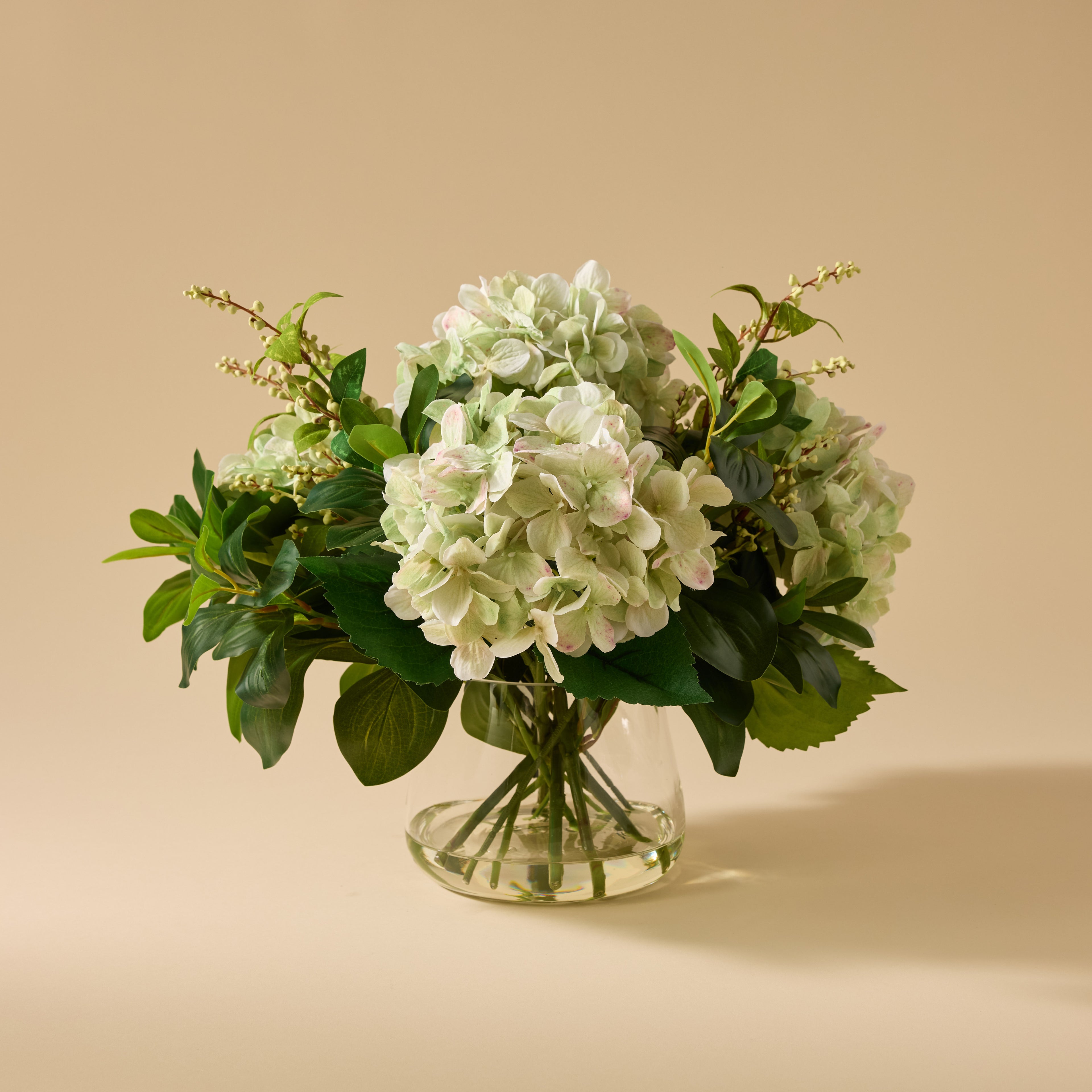 Faux Hydrangea Lush Leaf Arrangement - Classic Bowl | Green - 54cm