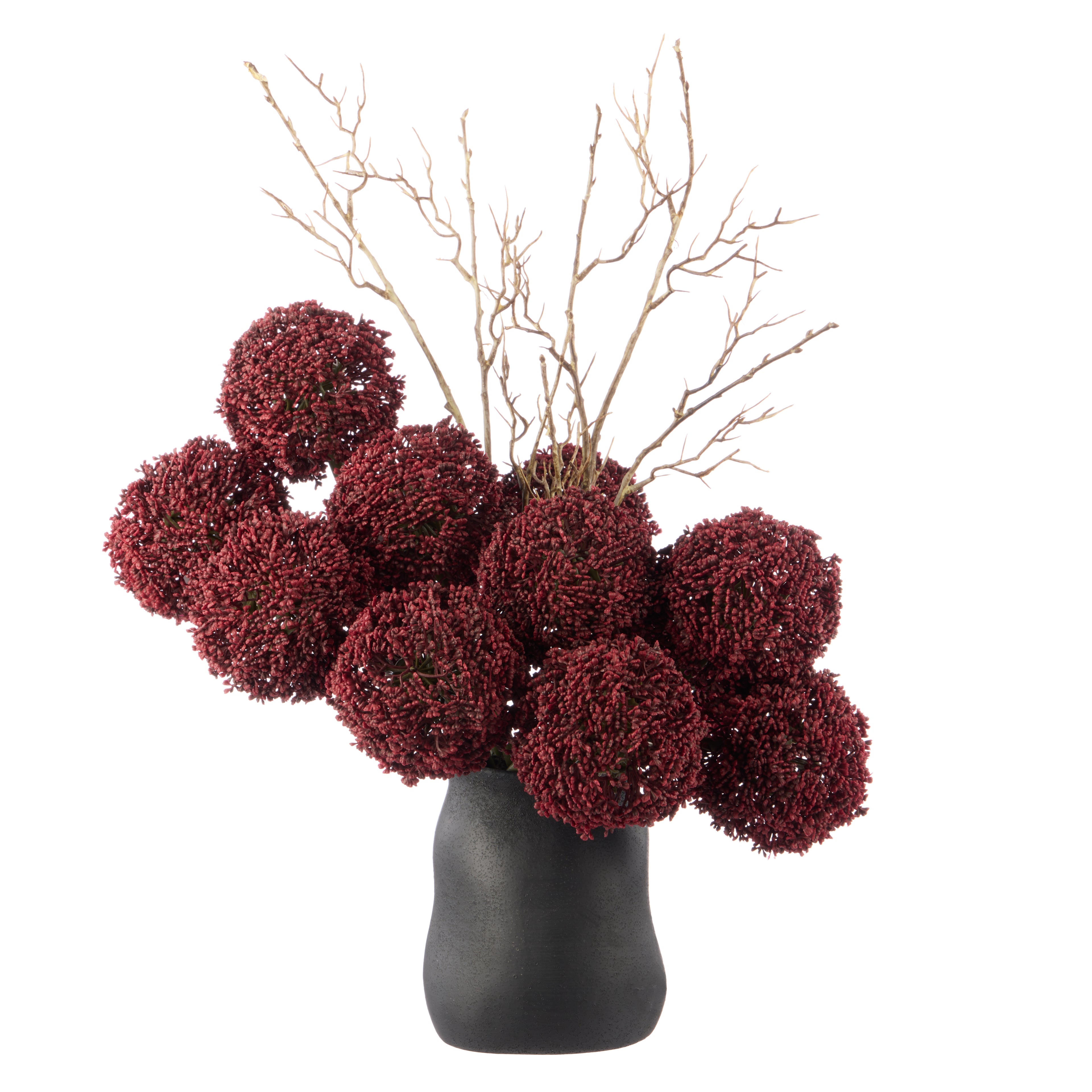 Faux Allium Spray Arrangement - Maliah Pot Black | Burgundy - 65cm