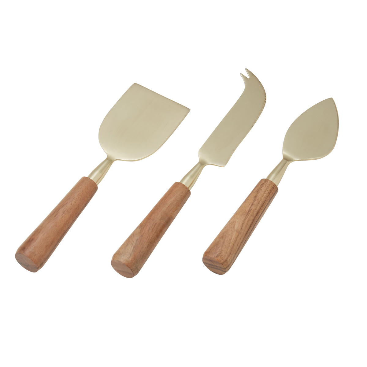 Amalfi Acacia Wood &amp; Stainless Steel Cheese Knife 3pcs Set Gold &amp; Walnut