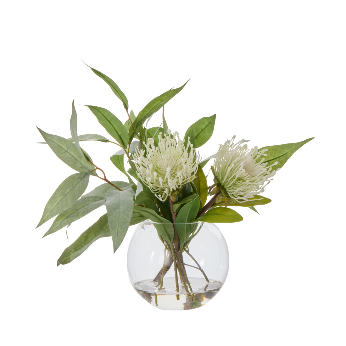 Faux Pincushion Eucalyptus - Sphere Vase | Cream-  30cm