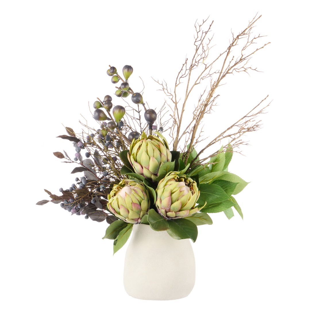 Faux Protea Fig Berry Mix Arrangement - Maliah Pot | Green - 90cm