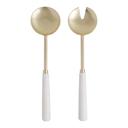 Amalfi Marble and Stainless Steel Salad Servers 2pcs Set Gold &amp; White