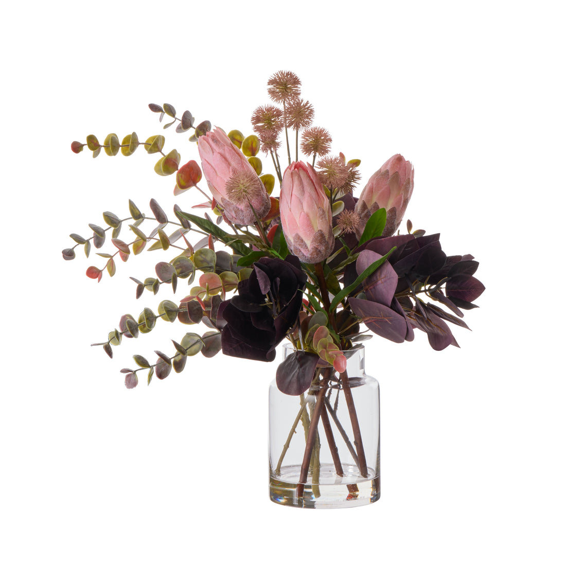 Faux Protea Eucalyptus Mix - Pail Vase | Burgundy -  46cm