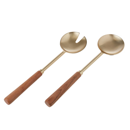 Amalfi Acacia Wood &amp; Stainless Steel Salad Servers 2pcs Set Gold &amp; Walnut