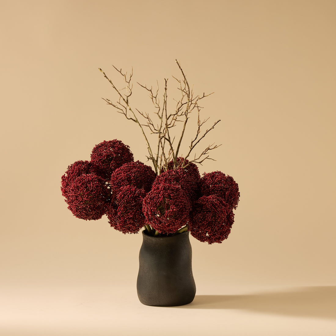 Faux Allium Spray Arrangement - Maliah Pot Black | Burgundy - 65cm