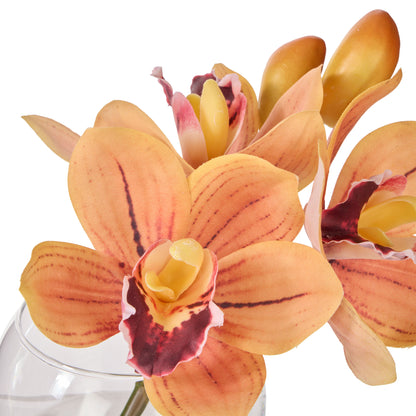 Faux Cymbidium - Glass Vase | Orange -  16cm