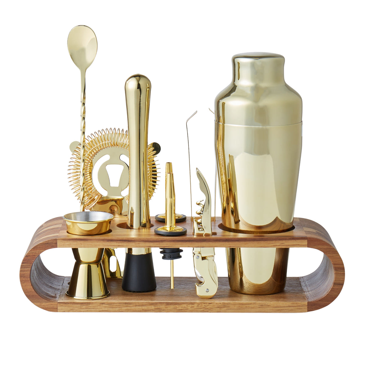 Davis &amp; Waddell Bar Set with Acacia Stand Gold