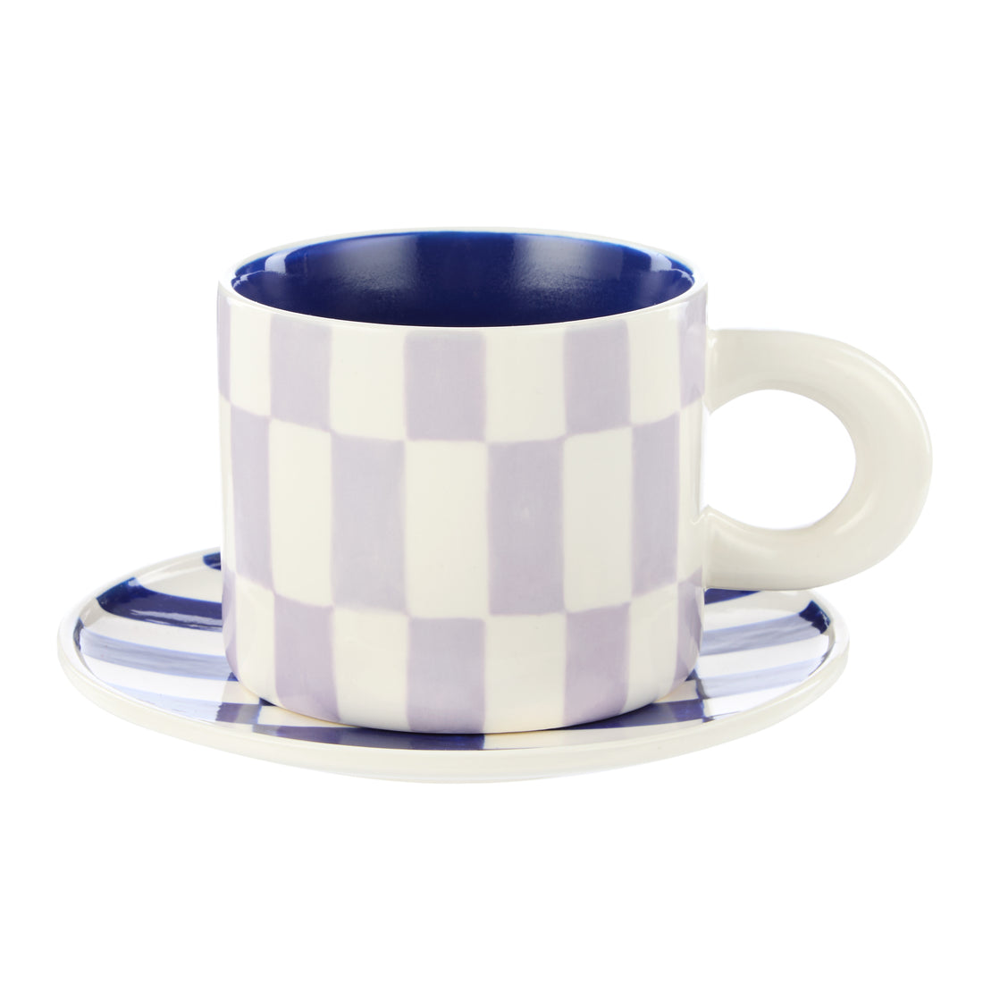 Emporium Check Mug &amp; Plate Set Lilac &amp; Navy
