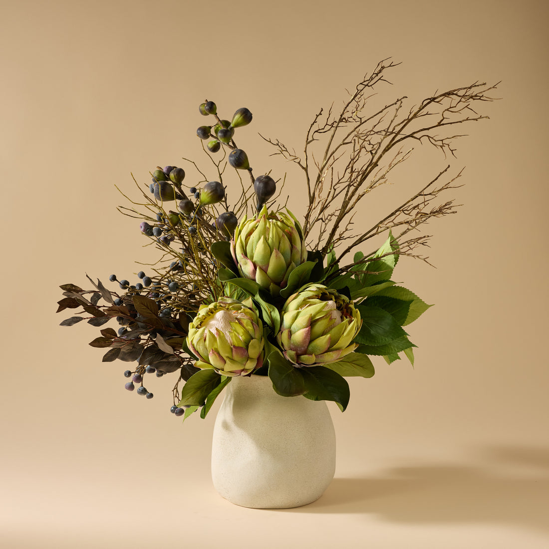 Faux Protea Fig Berry Mix Arrangement - Maliah Pot | Green - 90cm